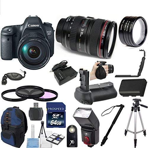 Canon EOS 6D Digital SLR Camera Body with EF 24-105mm L IS USM Lens 33rd Street Bundle with Camera Backpack + 64GB Memory Card + Deluxe Battery Grip + 26pc Accessory Kit