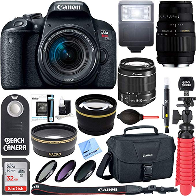 Canon EOS Rebel T7i DSLR Camera with EF-S 18-55mm IS STM & 70-300mm Lens + 64GB Class 10 UHS-1 SDXC Memory Card + Accessory Bundle