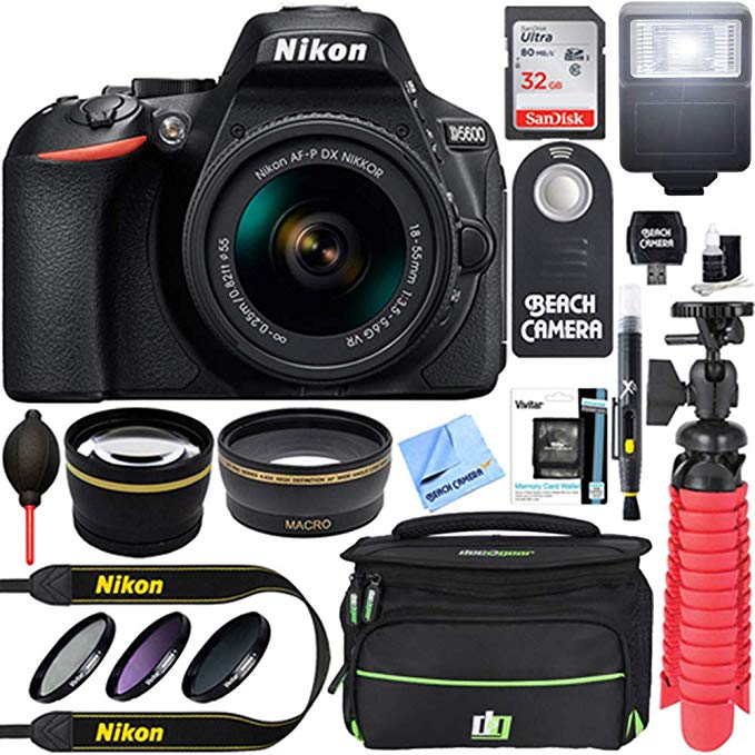 Nikon D5600 DSLR Camera + AF-S DX 18-55mm VR Lens Kit + Accessory Bundle 64GB SDXC Memory + SLR Photo Bag + Wide Angle Lens + 2x Telephoto Lens + Flash + Remote + Tripod + Filters (Black)