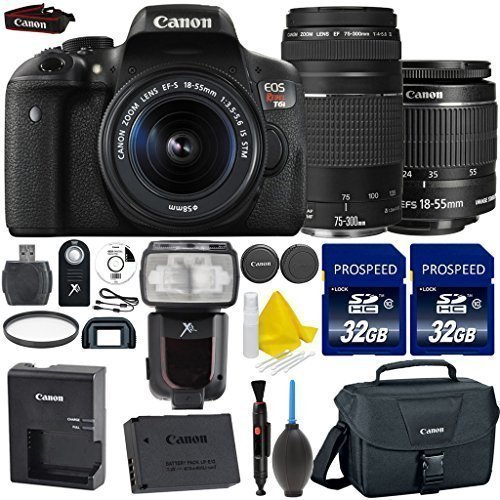 Canon EOS Rebel T6i 24.2MP WiFi Enabled Digital SLR Camera + Canon EF-S 18-55mm IS STM + Canon 75-300mm III Lens + Dedicated TTL Flash + 2pc High Speed 32GB Memory Cards + 9pc Accessory Kit