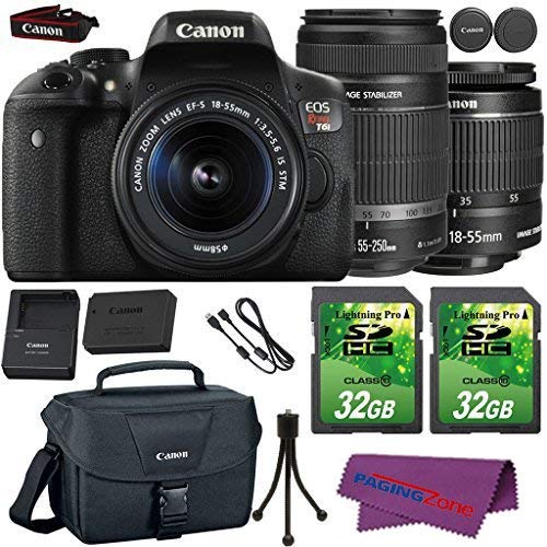 Canon EOS Rebel T6i DSLR Camera with Canon EF-S 18-55mm f/3.5-5.6 IS STM Lens + Canon EF-S 55-250mm f/4-5.6 IS STM Lens + 2 Pieces 32GB SD Memory Card + Canon Bag + Cleaning Kit