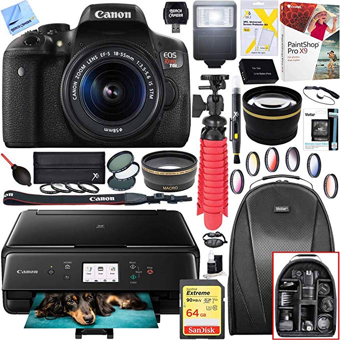 Canon EOS Rebel T6i Digital SLR Camera with EF-S 18-55mm IS STM Lens and Canon Pixma MG3620 Wireless Inkjet All-In-One Multifunction Photo Printer 64GB Accessory Bundle