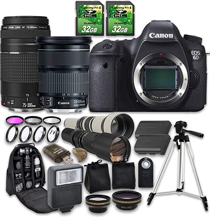 Canon EOS 6D Camera Bundle with Canon EF 24-105mm f/3.5-5.6 IS STM Lens + Canon EF 75-300mm f/4-5.6 III Lens + 500mm f/8 Telephoto Lens + 650-1300mm f/8-16 T-Mount Lens