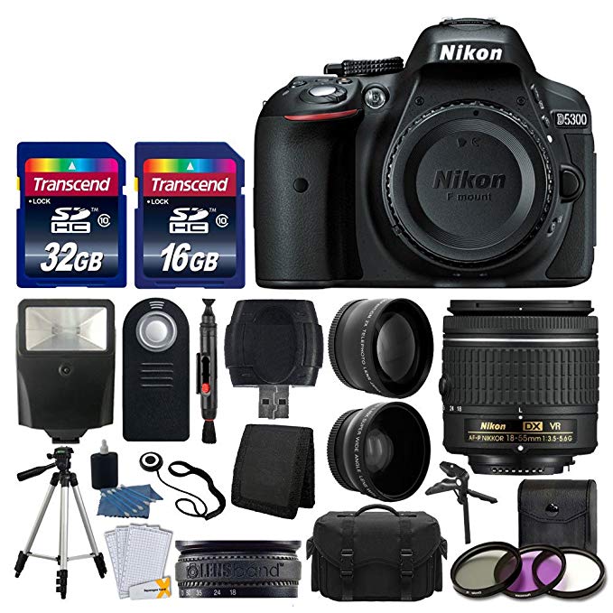 Nikon D5300 DSLR Camera + Nikon 18-55mm VR AF-P Lens + Transcend 48GB Memory Card + Telephoto & Wide Angle Lens + Wireless Remote + Slave Flash + Valued Bundle - International Version (No Warranty)