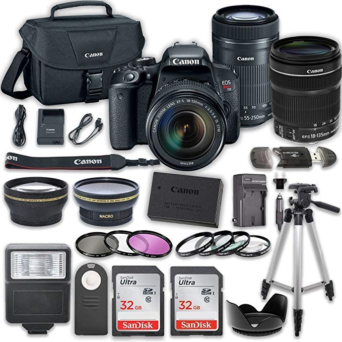Canon EOS Rebel T7i DSLR Camera Bundle with Canon EF-S 18-135mm f/3.5-5.6 IS STM Lens + Canon EF-S 55-250mm f/4-5.6 IS STM Lens + 2pc SanDisk 32GB Memory Cards + Accessory Kit