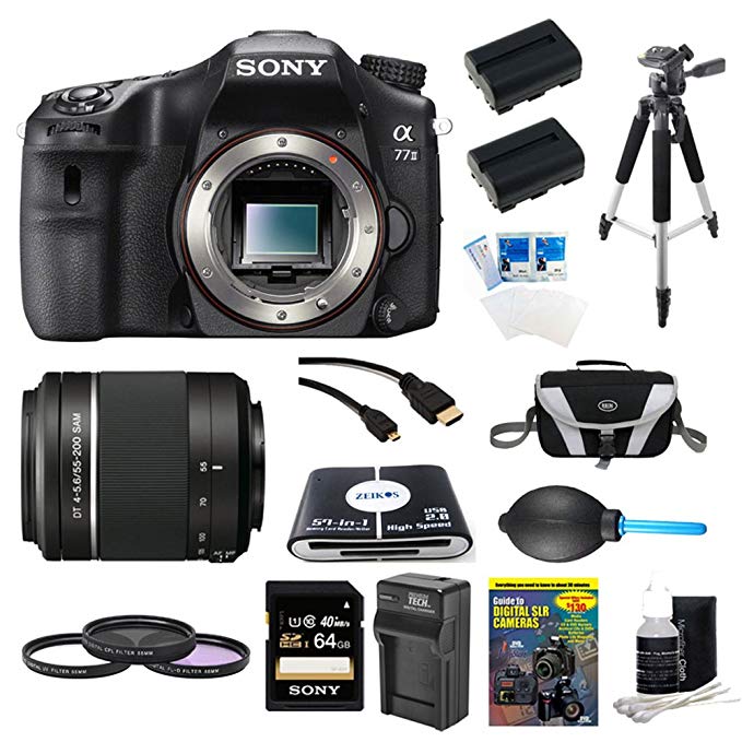 Sony A77II ILC-A77M2 A77M2 a77 II Digital SLR Camera - Body Only Bundle Includes camera, Sony 55-200 Lens, 64GB SDXC Memory Card, 2 NP-FM500 Camera Batteries, Rapid AC/DC Charger Compact Bag, 57-in-1 Memory Card Reader, Photography DVD and More