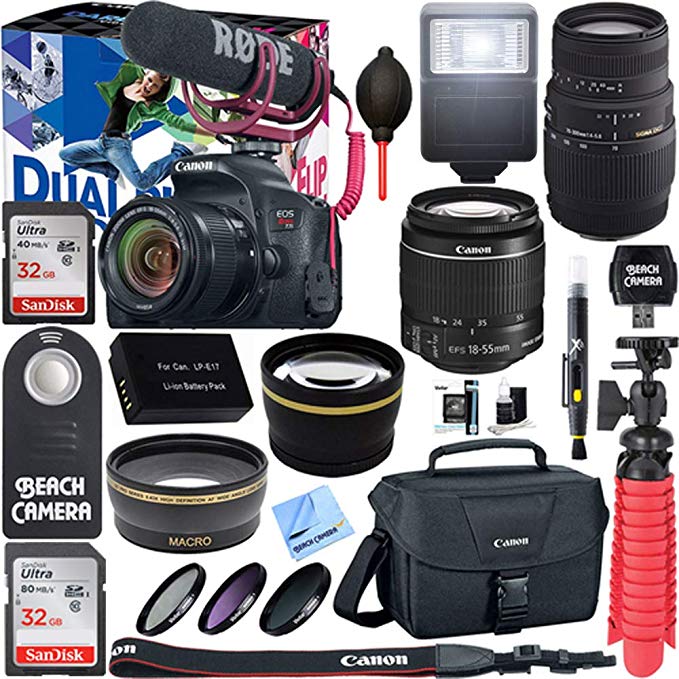 Canon EOS Rebel T7i Digital SLR Camera Video Creator Kit + EF-S 18-55mm IS STM & 70-300mm Dual Lens Accessory Bundle
