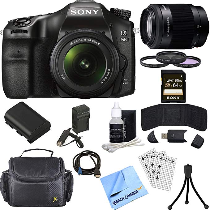 Sony ILCA68K/B a68 A-Mount Digital Camera 18-55mm + 55-200mm Lens Bundle includes ILCA68/B Camera, 18-55mm + 55-200mm Zoom Lenses, 55mm Filter Kit, 64GB SDXC Memory Card, Beach Camera Cloth and More!