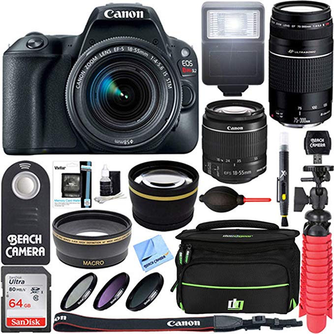 Canon EOS Rebel SL2 DSLR Camera + EF-S 18-55mm IS STM & 75-300mm III Lens Kit + Accessory Bundle 64GB SDXC Memory + SLR Photo Bag + Wide Angle Lens + 2x Telephoto Lens + Flash + Remote +Tripod & More