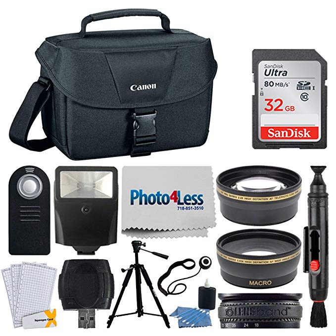 Canon EOS Bag 100ES + 32GB Memory Card + 58mm Telephoto & Wide Angle Lens + Flash + Remote + Tripod + Card Reader – Top Accessory Bundle for Canon T6, T6i, T7i, 80D, 77D, SL2 with 18-55mm STM Lens