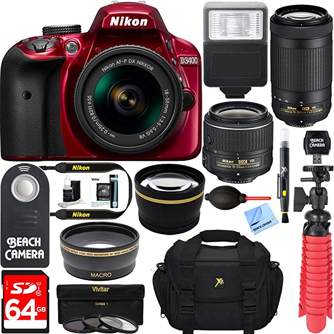 Nikon D3400 24.2 MP DSLR Camera + AF-P DX 18-55mm & 70-300mm VR NIKKOR Lens Kit + Bundle 64GB SDXC Memory + Photo Bag + Wide Angle Lens + 2x Telephoto Lens + Flash + Remote +Tripod+Filters (Red)
