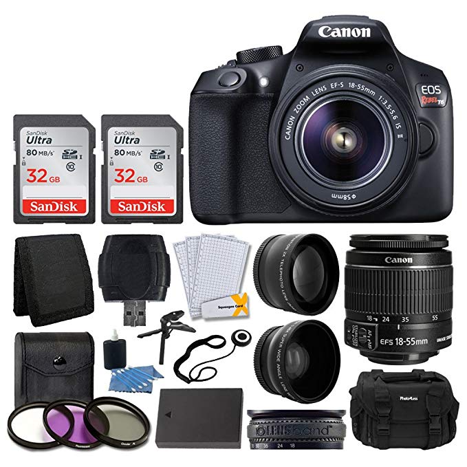 Canon EOS Rebel T6 Digital SLR Camera + Canon EF-S 18-55mm f/3.5-5.6 IS II Lens + SanDisk 64GB Card + 2x Lens 58mm & Wide Angle Lens + Extra Battery + 3 Piece UV Filters + Gadget Bag + Deluxe Bundle