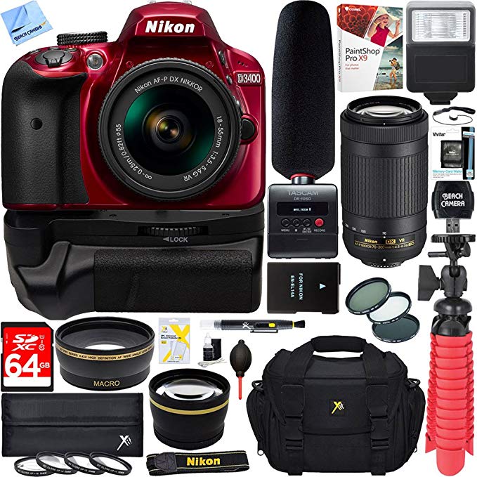Nikon D3400 DSLR Camera + 18-55mm & 70-300mm Dual Lens Red Tascam Video Creator Bundle