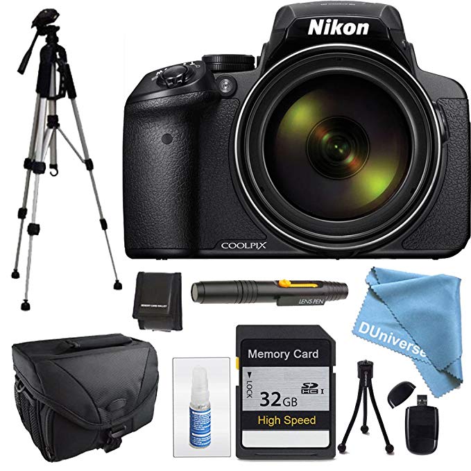 Nikon COOLPIX P900 Black with Camera Case, Full Size Tripod, 32GB High Speed Class 10 Memory Card, Memory Card Wallet, Lens Cleaning Kit