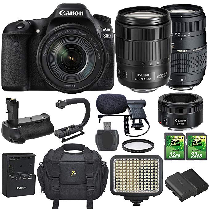 Canon EOS 80D 24.2MP DSLR with Canon EF-S 18-135mm f/3.5-5.6 IS USM Lens + Canon 50mm 1.8 STM + Tamron 70-300mm + Extra Battery + 2 pc 32GB SD Cards + Battery Grip + Video Light + Mic + U Bracket