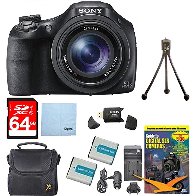 Sony DSC-HX400V/B DSCHX400VB DSCHX400V HX400 20 MP Digital Camera Bundle with 64GB High Speed Card, 2 Spare BatterIES, Rapid AC/DC External Charger, Padded Case, DVD Photography Tutorial, SD Card Reader, and Table top Tripod