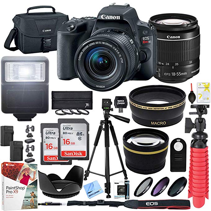 Canon EOS Rebel SL2 24MP SLR Digital Camera w/EF-S 18-55mm is STM Lens Black with Two (2) 16GB SDHC Memory Cards (32GB Total) Plus Triple Battery Tripod Cleaning Kit Accessory Bundle