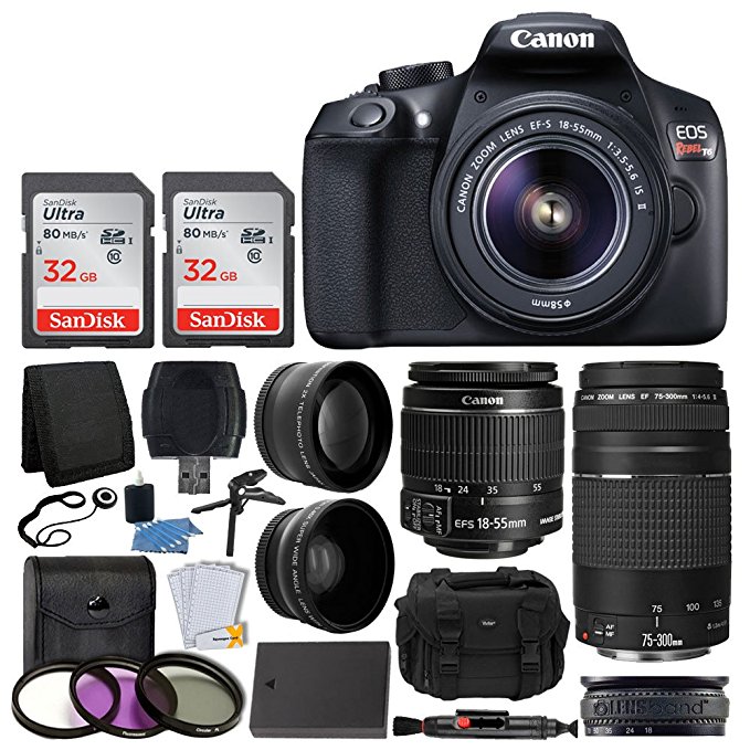 Canon EOS Rebel T6 Digital SLR Camera, 18-55mm EF-S Lens, EF 75-300mm Lens, SanDisk 64GB Card, Telephoto and Wide Angle Lens, Extra Battery, 58mm UV Filters, Gadget Bag with Bundle Accessories