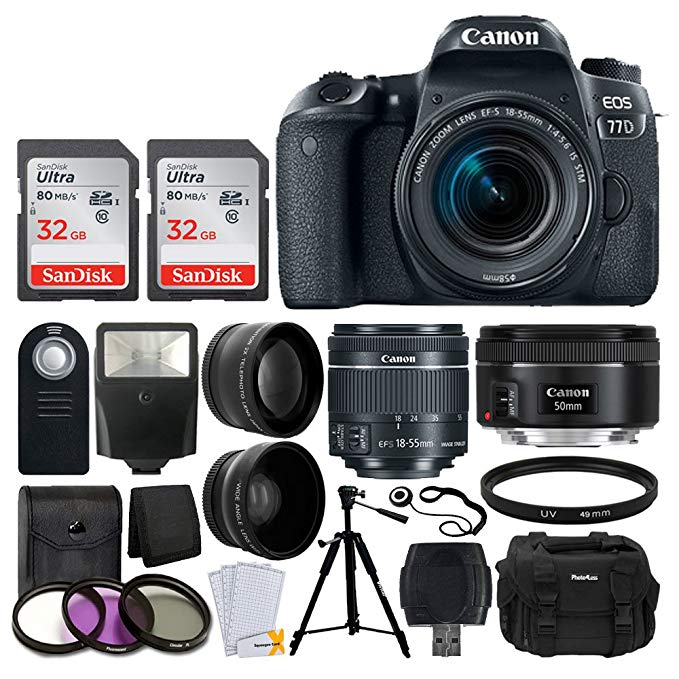 Canon EOS 77D Digital SLR Camera + Canon EF-S 18-55mm f/4-5.6 IS STM Lens + Canon EF 50mm f/1.8 STM Lens + Wide Angle & Telephoto Lens + Photo4Less DC59 Gadget Bag + Wireless Remote + Accessory Bundle