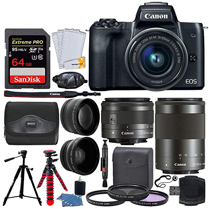 Canon EOS M50 Mirrorless Digital Camera + EF-M 15-45mm f/3.5-6.3 is STM & EF-M 55-200mm f/4.5-6.3 is STM Lens + Wide Angle & Telephoto Lens + 64GB Memory Card + 2X Tripods + Gadget Bag – Full Bundle