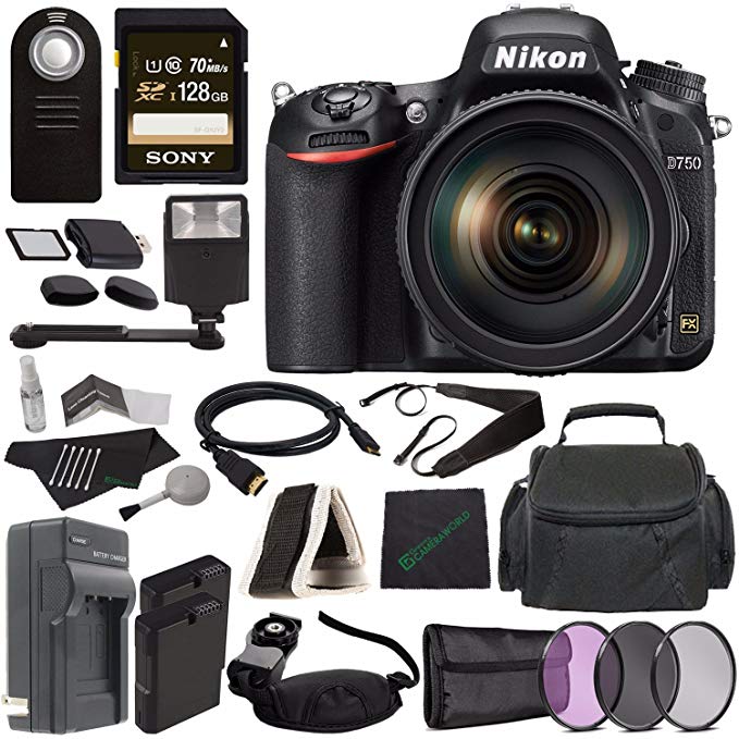 Nikon D750 DSLR Camera with 24-120mm Lens + Rechargable Li-Ion Battery + Home and Car External Charger + Sony 128GB SDXC Card + HDMI Cable + Case + Remote + Memory Card Reader + Cloth + Flash Bundle
