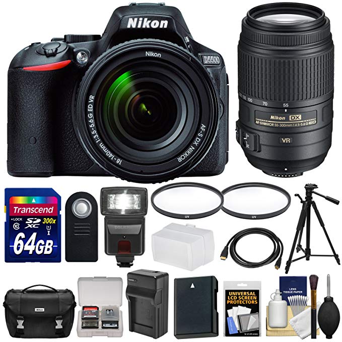 Nikon D5500 Wi-Fi Digital SLR Camera & 18-140mm VR DX AF-S (Black) with 55-300mm VR Lens + 64GB Card + Case + Battery & Charger + Flash + Tripod + Kit