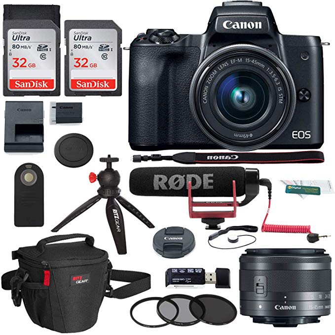 Canon EOS M50 15-45mm f/3.5-6.3 is STM Mirrorless Digital Camera Video Creator Kit, 32gb Memory Card, Camera Case, Tabletop Tripod & Accessory Bundle