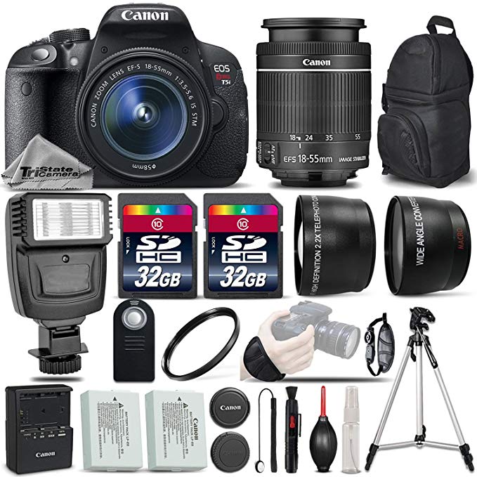 Canon EOS Rebel T5i DSLR Camera Full HD 1080p + Canon 18-55mm IS STM Lens + .43x Wide Angle Lens + 2.2X Telephoto Lens + UV Filter + 64GB Storage + Flash + Wireless Remote - International Version