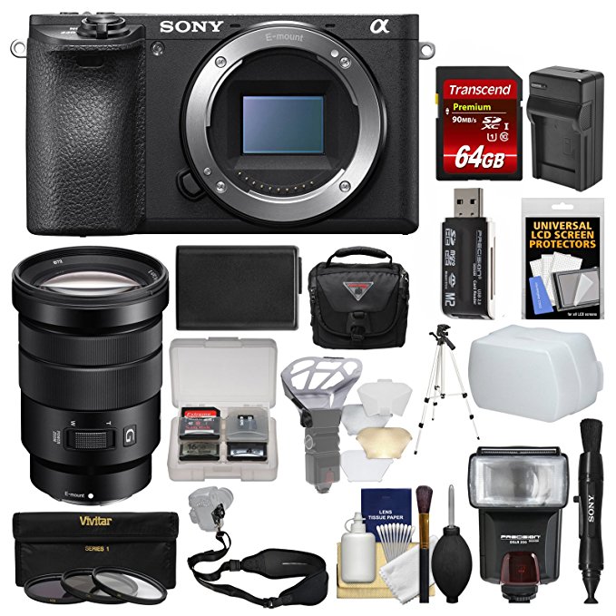 Sony Alpha A6500 4K Wi-Fi Digital Camera Body with 18-105mm f/4 Lens + 64GB Card + Case + Flash + Battery & Charger + Tripod + Filters Kit
