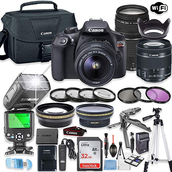 Canon EOS Rebel T6 DSLR Camera w/ EF-S 18-55mm is II Lens & 75-300mm f/4-5.6 III Lens + 32GB Sandisk Memory + Canon Case + TTL Speedlight Flash (Good Upto 180 Feet) + Accessory Bundle