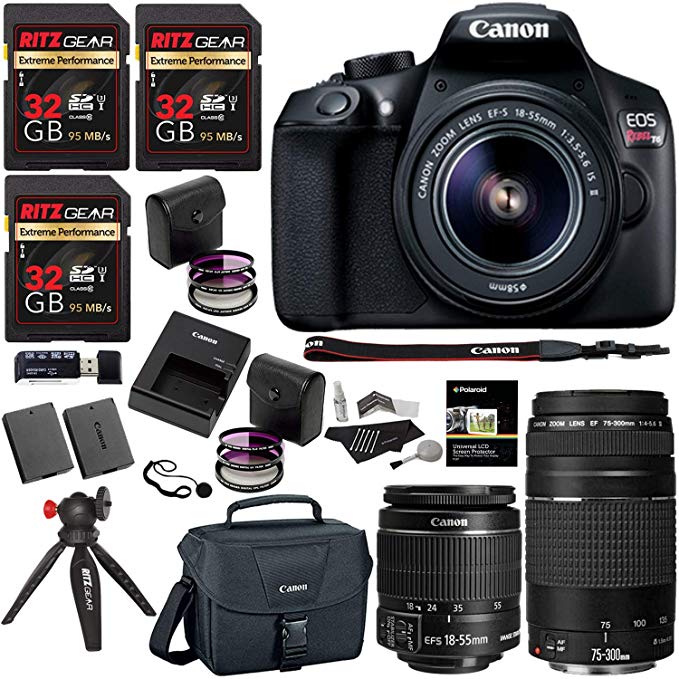Canon EOS Rebel T6 DSLR Camera Kit, EFS 18-55mm, EF 75-300mm Zoom Lens, Three 32GB Extreme Performance Memory Cards, Two Filter Kits, Camera Bag, Memory Reader & Accessory Bundle