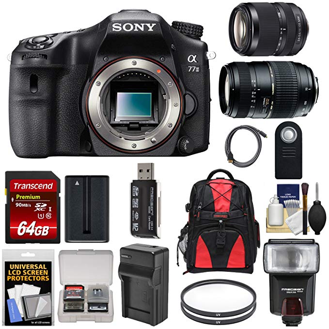 Sony Alpha A77 II Wi-Fi Digital SLR Camera Body with 18-135mm & 70-300mm Lenses + 64GB Card + Battery + Charger + Backpack + Flash + Kit