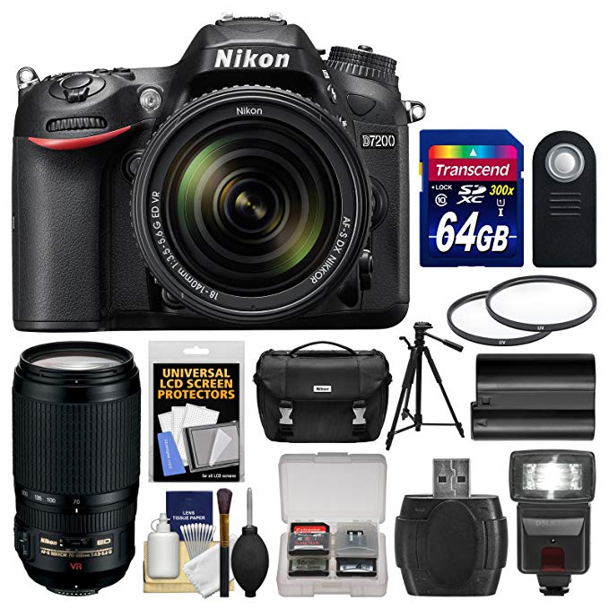 Nikon D7200 Wi-Fi Digital SLR Camera & 18-140mm VR DX & 70-300mm VR Lens with 64GB Card + Case + Flash + Battery + Tripod + Filters + Kit