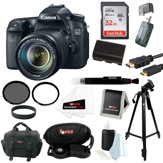 Canon EOS 70D SLR CMOS 20.2MP Digital Camera EFS 18-135mm Lens + 32GB Deluxe Acc Bundle with Tiffen 67mm Filters