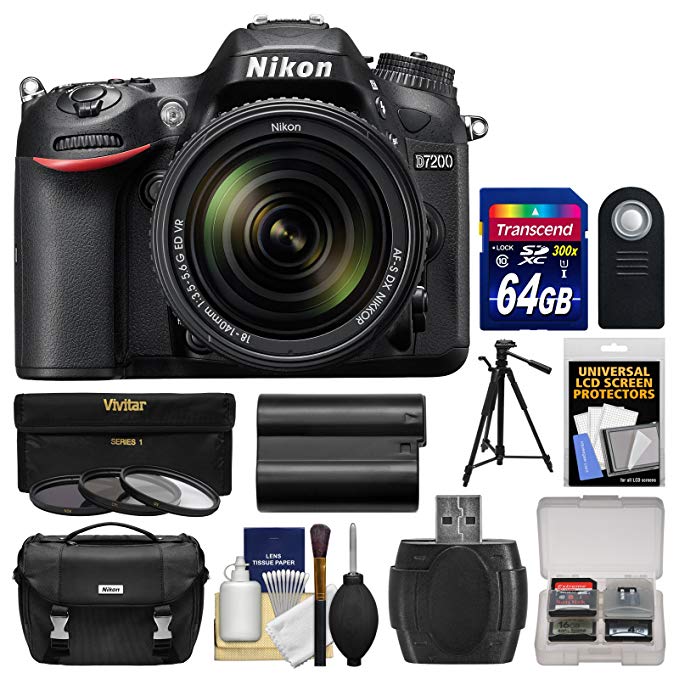 Nikon D7200 Wi-Fi Digital SLR Camera & 18-140mm VR DX Lens with 64GB Card + Case + Battery + Tripod + 3 Filters + Remote + Kit