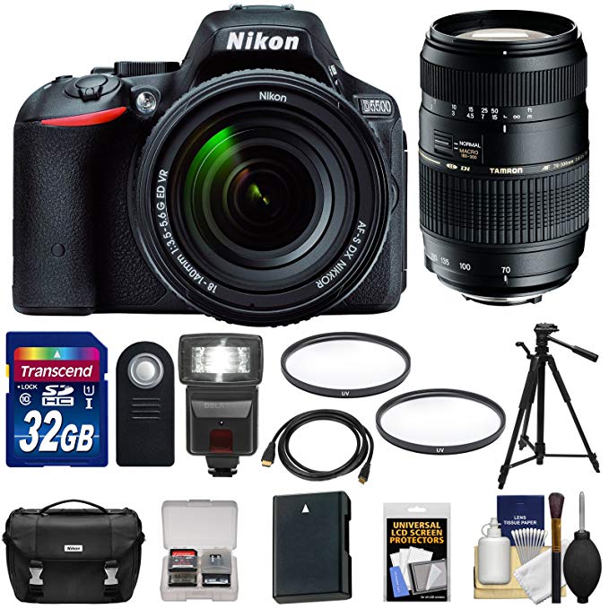 Nikon D5500 Wi-Fi Digital SLR Camera & 18-140mm VR DX AF-S (Black) with 70-300mm Lens + 32GB Card + Case + Battery + Flash + Tripod + Kit