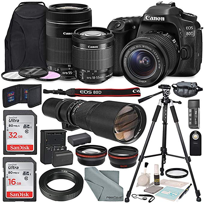 Canon EOS 80D DSLR Camera with EF-S 18-55mm f/3.5-5.6 IS STM Lens & EF-S 55-250mm f/4-5.6 IS STM Lens and 500mm f/8 Manual Focus Telephoto Lens + T-Mount Adapter along with Deluxe Bundle