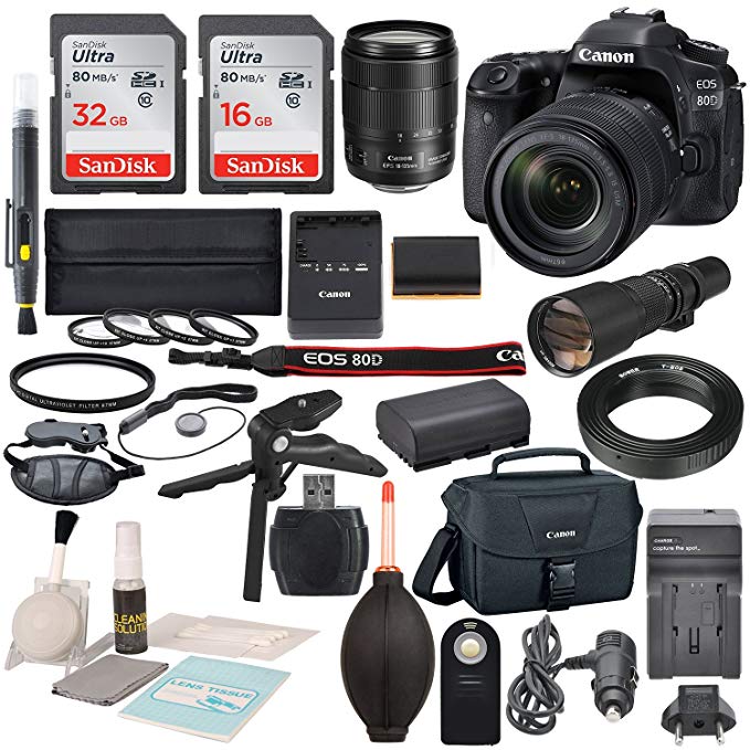 Canon EOS 80D DSLR Camera with EF-S 18-135mm f/3.5-5.6 IS USM Lens and 500mm f/8 Manual Focus Telephoto Lens + T-Mount Adapter along with Deluxe accessory bundle