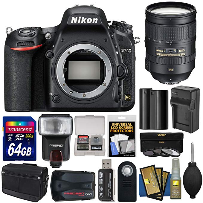 Nikon D750 Digital SLR Camera Body with 28-300mm VR Lens + 64GB Card + Case + Flash + Battery & Charger + Filters Kit