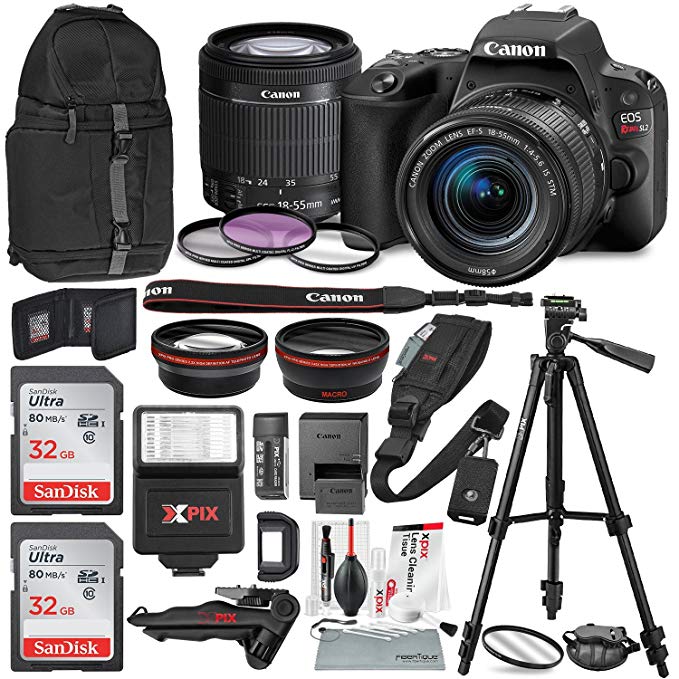 Canon EOS Rebel SL2 DSLR Wi-Fi Camera with EF-S 18-55mm STM Lens (Black) Bundle w/Flash + Lenses + Filters + 32GB + Backpack + Xpix Tripods & Cleaning Kit