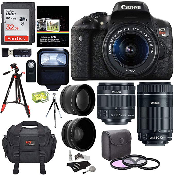 Canon EOS Rebel T6i Digital SLR EF-S 18-55mm is STM Lens + EF-S 55-250mm + 58mm .43x Wide Angle & 2.2X Lenses + 32GB Memory Card + Two Tripods + 58mm Filters + Accessory Kit