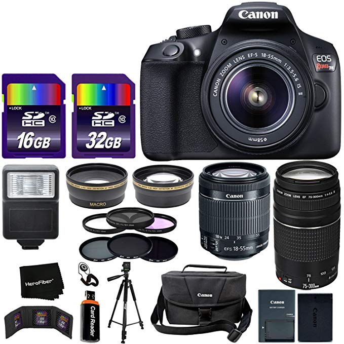 Canon EOS Rebel T6 Digital SLR Camera International Version + EF-S 18-55mm Lens + 75-300mm III Zoom Lens + Telephoto & Wide Lenses + Canon Case + Flash + ND & UV Filter Set + 48GB SD Memory + Tripod