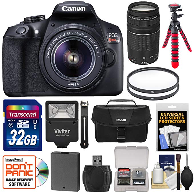 Canon EOS Rebel T6 Wi-Fi Digital SLR Camera & 18-55mm IS II + 75-300mm III Lens + 32GB Card + Battery + Case + Filters + Flex Tripod + Flash Kit