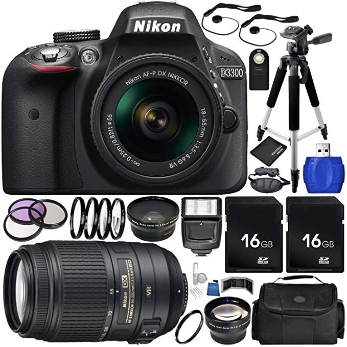 Nikon D3300 DSLR Camera (Black) Bundle with DX NIKKOR 18-55mm f/3.5-5.6G VR II Lens, AF-S DX NIKKOR 55-300mm f/4.5-5.6G ED VR Lens, Carrying Case and Accessory Kit (31 Items)