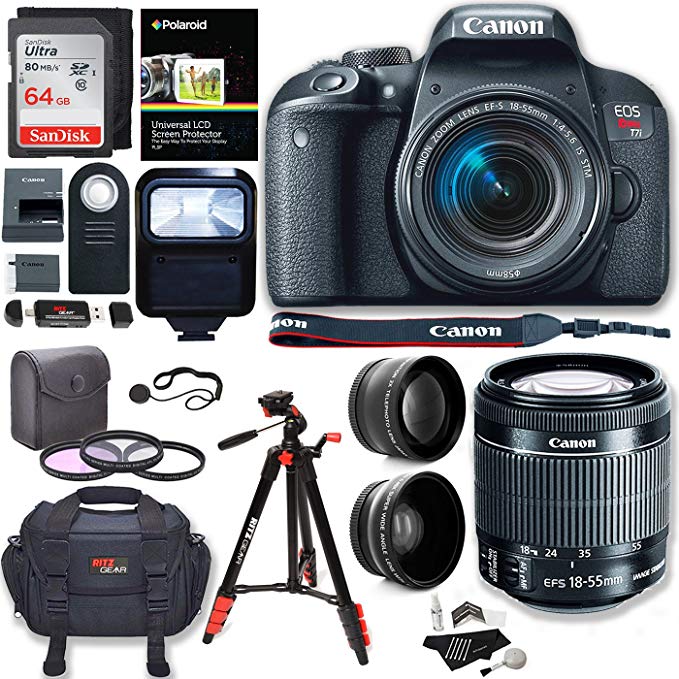 Canon EOS Rebel T7i Camera, EF-S 18-55 IS STM Lens Kit, Sandisk 64GB, Ritz Gear Premium SLR Camera Bag, Filter Kit, Flash and Accessory Bundle