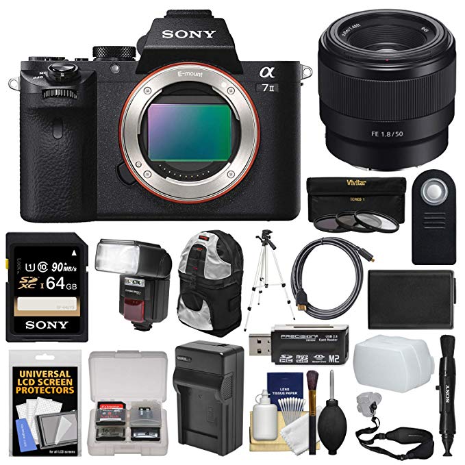 Sony Alpha A7 II Digital Camera Body with FE 50mm f/1.8 Lens + 64GB Card + Backpack + Flash + Battery & Charger + Kit