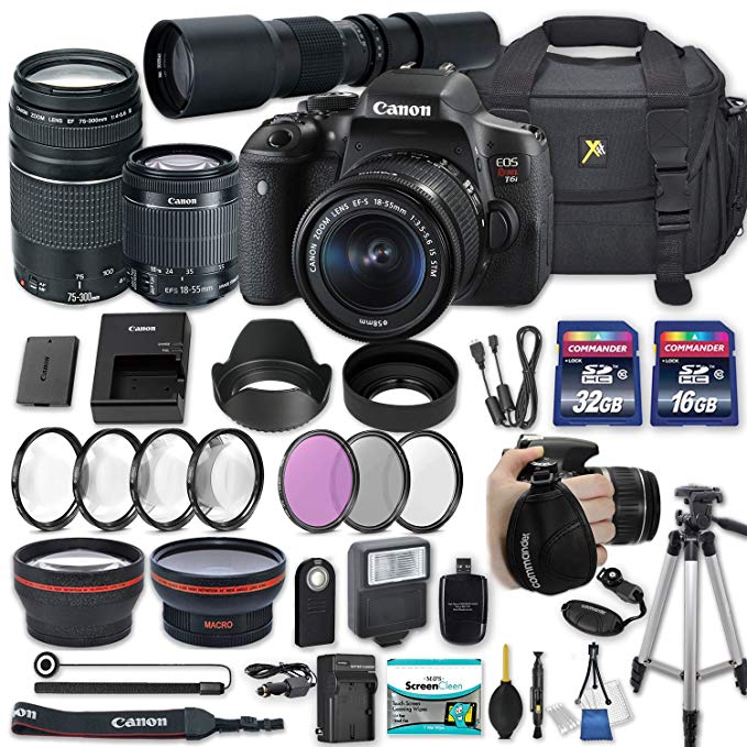 Canon EOS Rebel T6i Camera with Canon EF-S 18-55mm f/3.5-5.6 is STM Lens + Canon EF 75-300mm f/4-5.6 III Lens + 500mm Preset Lens + 2X Memory Cards + 50