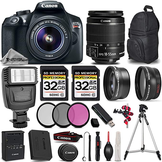 Canon EOS REBEL T6 DSLR Camera + Canon EF-S 18-55mm f/3.5-5.6 IS II Lens + Digital Camera Flash + 0.43X Wide Angle Lens + 2.2x Telephoto Lens -All Original Accessories Included - International Version
