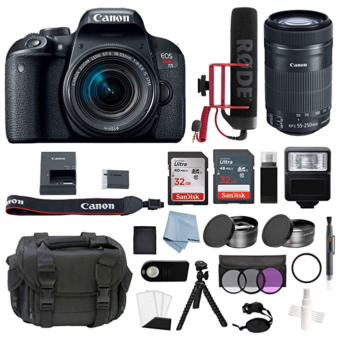 Canon EOS Rebel T7i Digital SLR Camera Video Creator Kit with EF-S 18-55mm IS STM & EF-S 55-250mm IS STM Lens + DSLR Professional Accessory Bundle - Including EVERYTHING You Need To Get Started