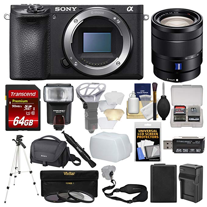 Sony Alpha A6500 4K Wi-Fi Digital Camera Body with 16-70mm f/4 Lens + 64GB Card + Case + Flash + Battery & Charger + Tripod + Kit